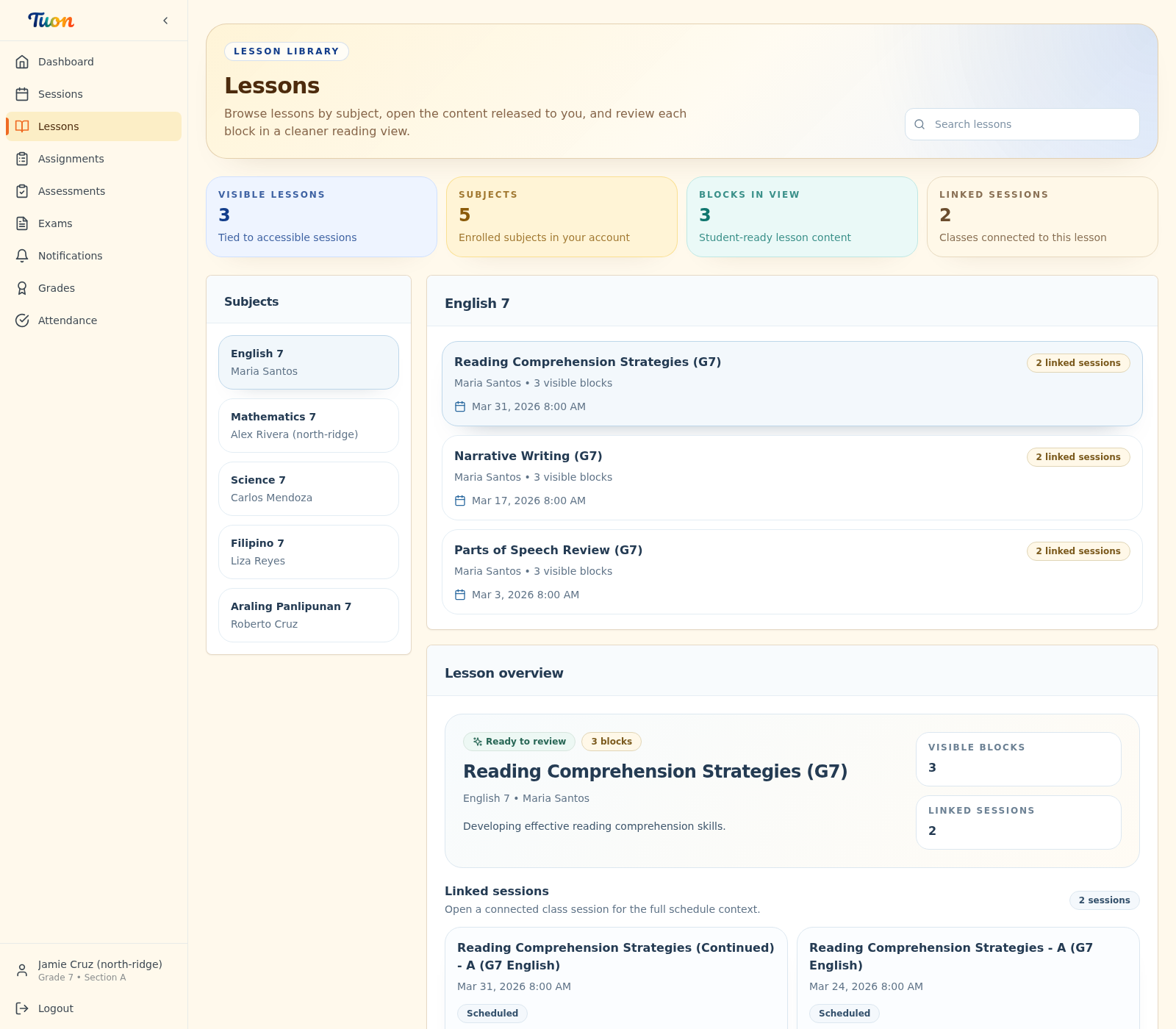 Student lesson library showing visible lesson blocks