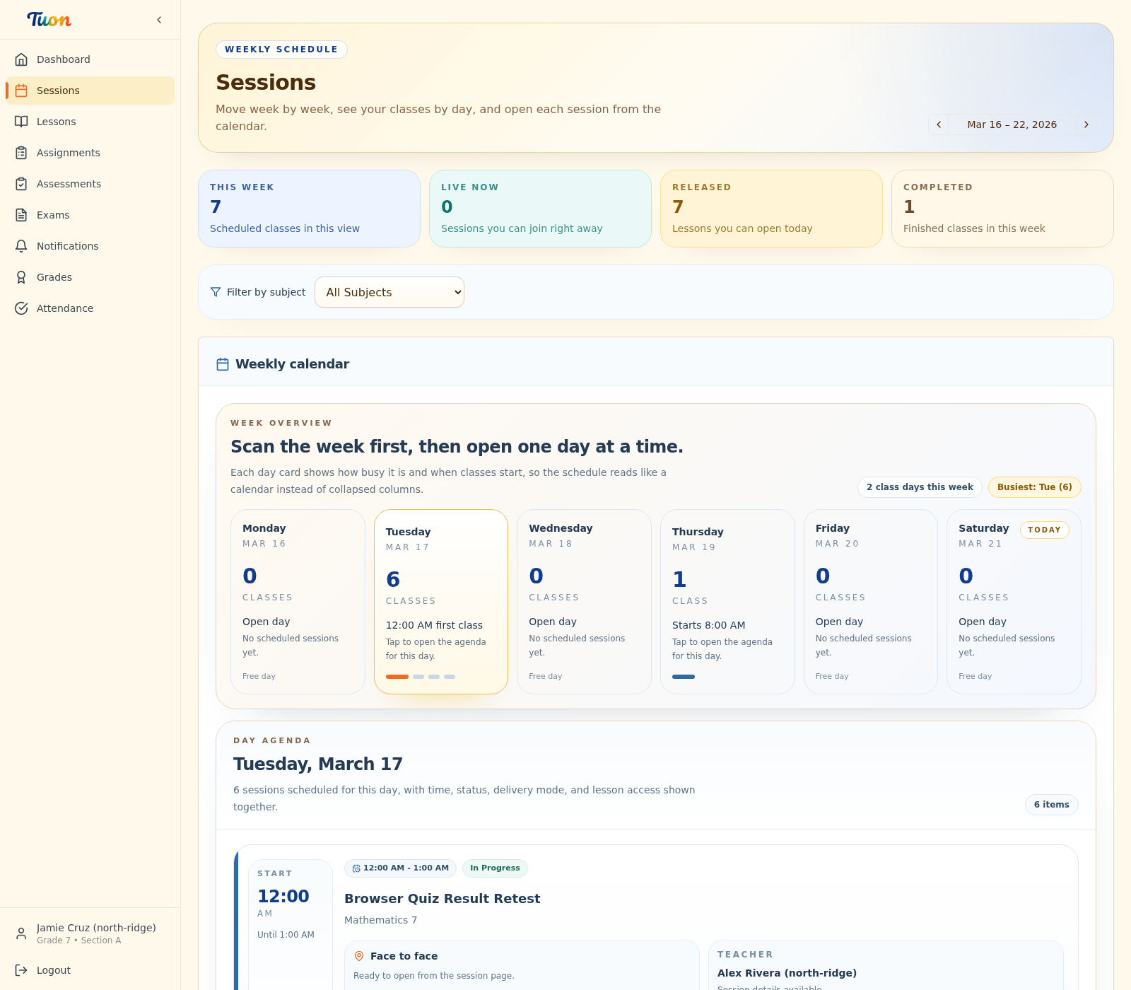 Tuon weekly schedule showing live and released sessions