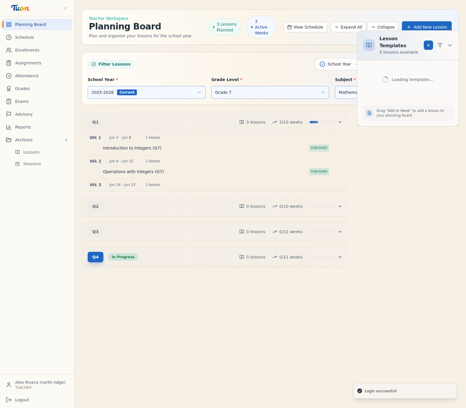 Tuon planning board for weekly lesson planning